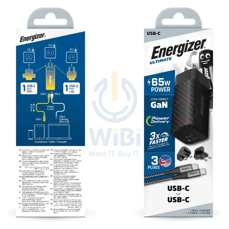 شاحن حائط إينرجايزر ألتيمايت بقابس عالمي مع كابل Type-C، 65 واط، Type-C، USB-A، أسود