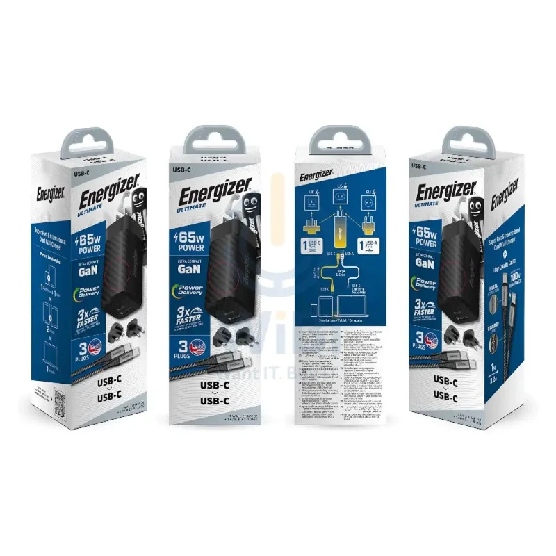 شاحن حائط إينرجايزر ألتيمايت بقابس عالمي مع كابل Type-C، 65 واط، Type-C، USB-A، أسود