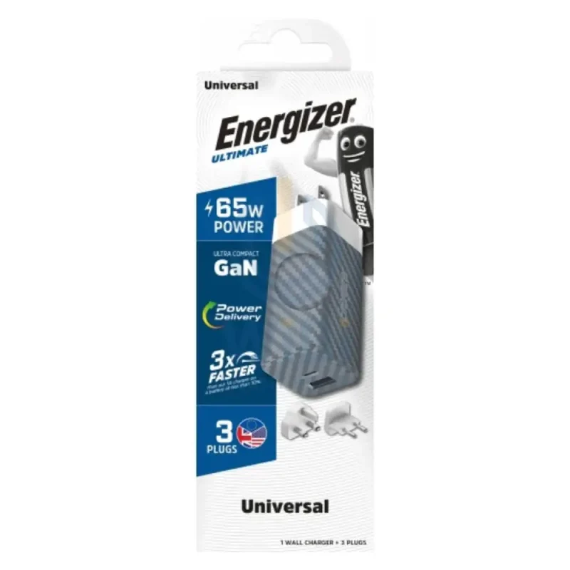 Energizer Ultimate Wall Charger with Universal Plug - 65W / Type-C / USB-A / Silver