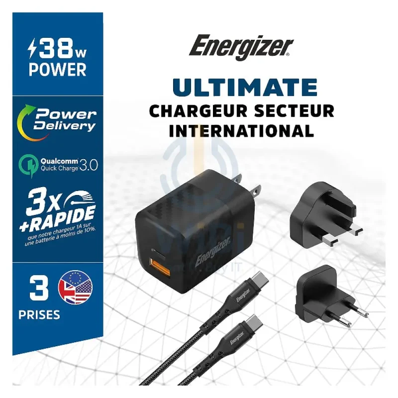 Energizer Ultimate Wall Charger with Universal Plug with Type-C Cable - 38W / Type-C / USB-A / Black