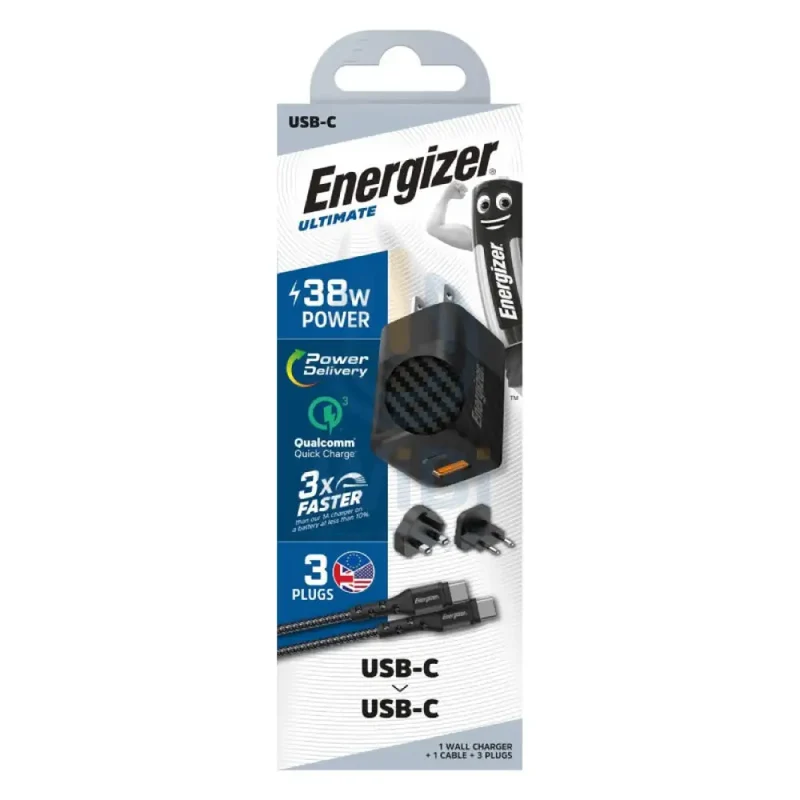 Energizer Ultimate Wall Charger with Universal Plug with Type-C Cable - 38W / Type-C / USB-A / Black