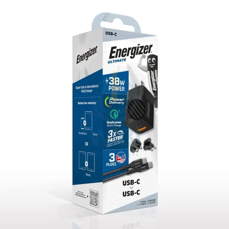 Energizer Ultimate Wall Charger with Universal Plug with Type-C Cable - 38W / Type-C / USB-A / Black