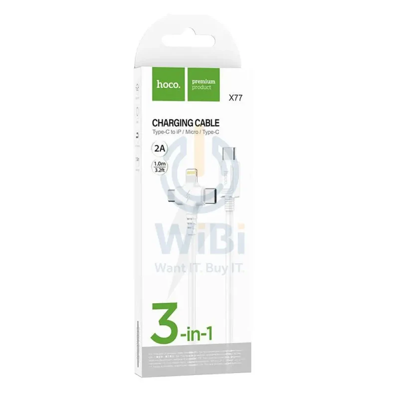 HOCO X77 Jewel 3-in-1 Charging Cable - Type-C / Lightning / Micro USB / 1 Meter / White