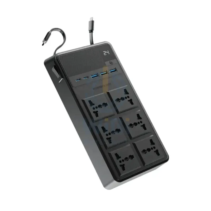 Powerology Power Strip with Built-In Retractable Cables - 2500W / 6AC / USB / USB-C / Black