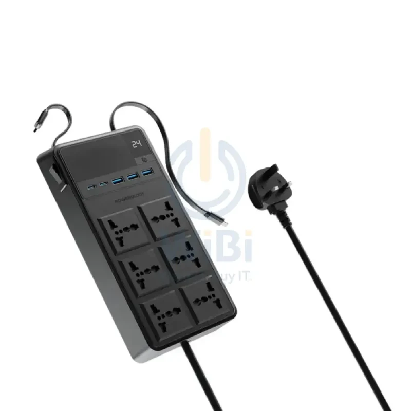 Powerology Power Strip with Built-In Retractable Cables - 2500W / 6AC / USB / USB-C / Black