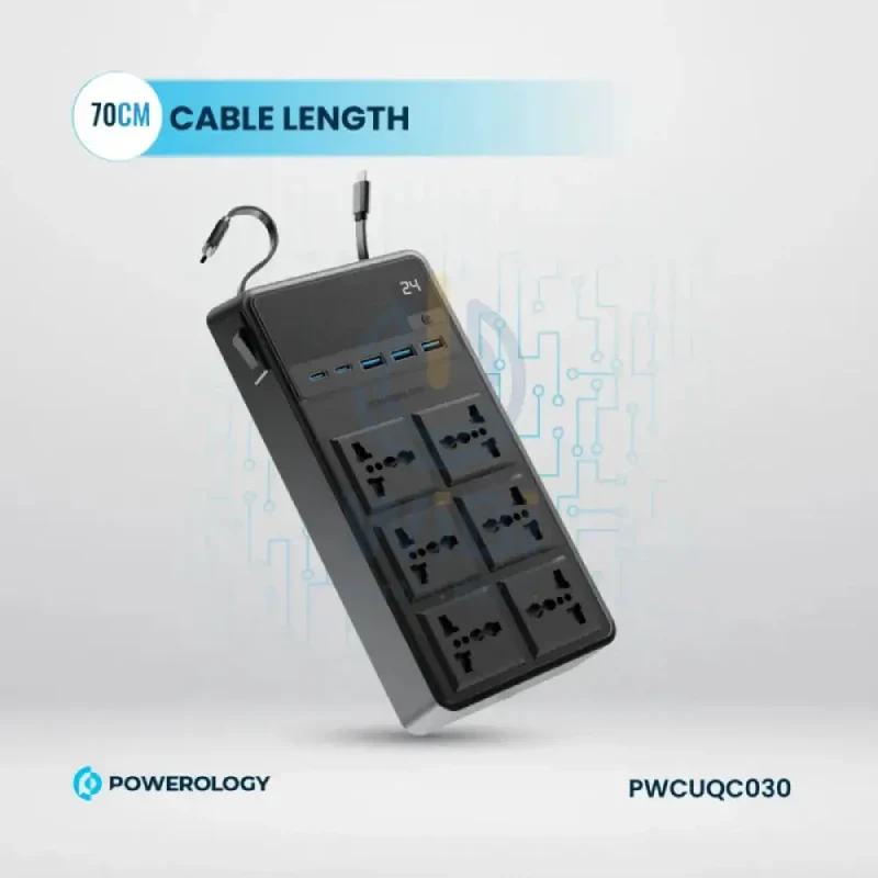 Powerology Power Strip with Built-In Retractable Cables - 2500W / 6AC / USB / USB-C / Black