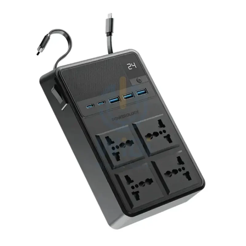 Powerology Power Strip with Built-In Retractable Cables - 2500W / 4AC / USB / USB-C / Black