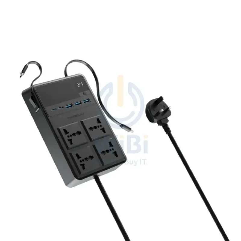 Powerology Power Strip with Built-In Retractable Cables - 2500W / 4AC / USB / USB-C / Black