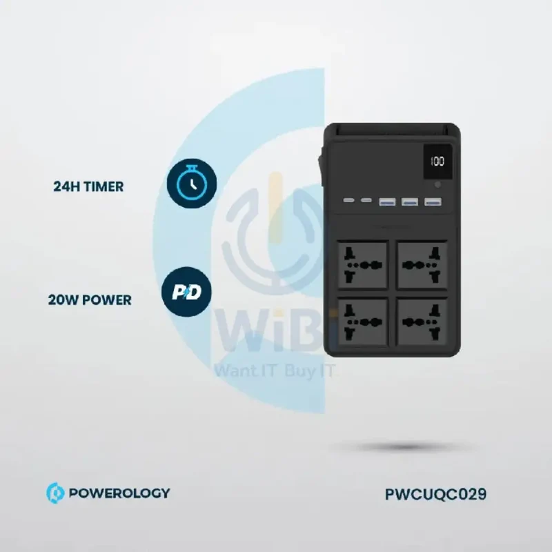 Powerology Power Strip with Built-In Retractable Cables - 2500W / 4AC / USB / USB-C / Black