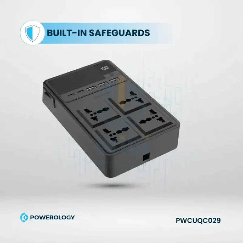 Powerology Power Strip with Built-In Retractable Cables - 2500W / 4AC / USB / USB-C / Black