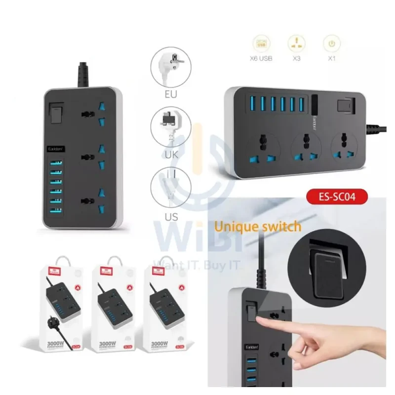 Earldom SC04 Power Strip Extension - 3 Way / USB / Black