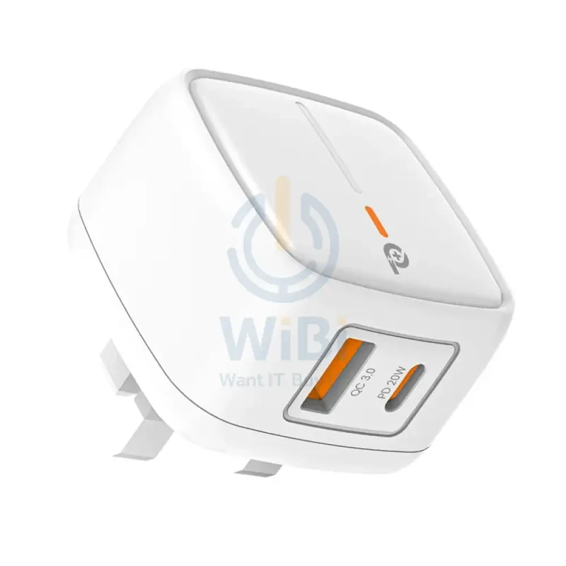 PowerO+ British UK Wall Charger - 20W / USB-A / USB-C / White