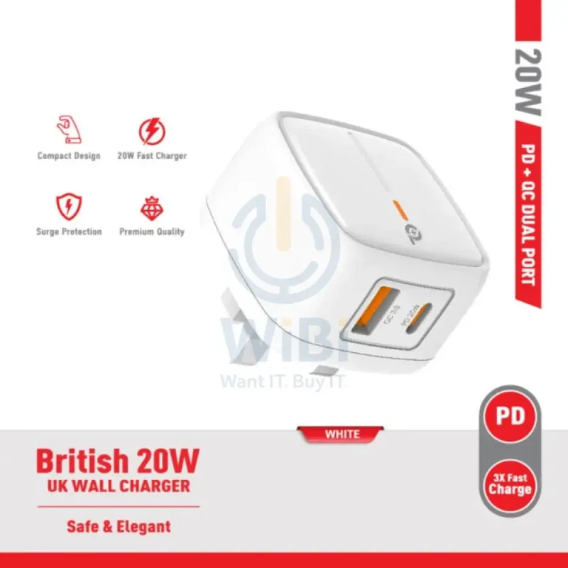 PowerO+ British UK Wall Charger - 20W / USB-A / USB-C / White