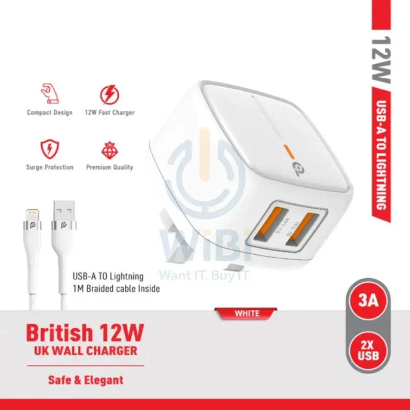 PowerO+ British UK Wall Charger with Lightning Cable - 12W / USB-A / White