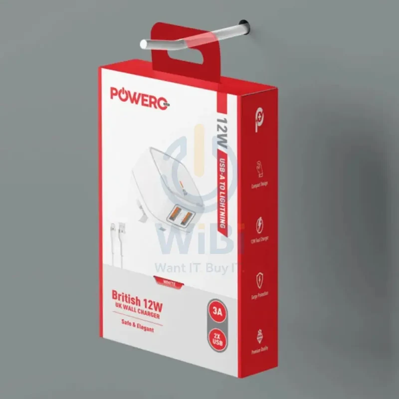 PowerO+ British UK Wall Charger with Lightning Cable - 12W / USB-A / White