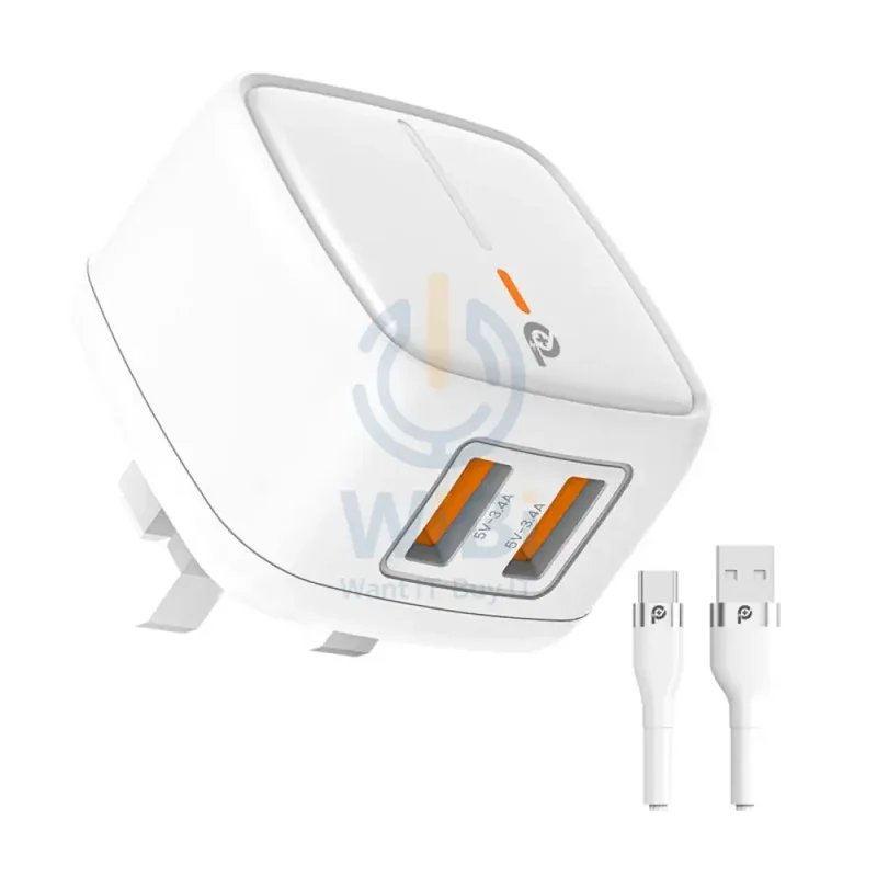 PowerO+ British UK Wall Charger with Cable - 12W / USB-A / White