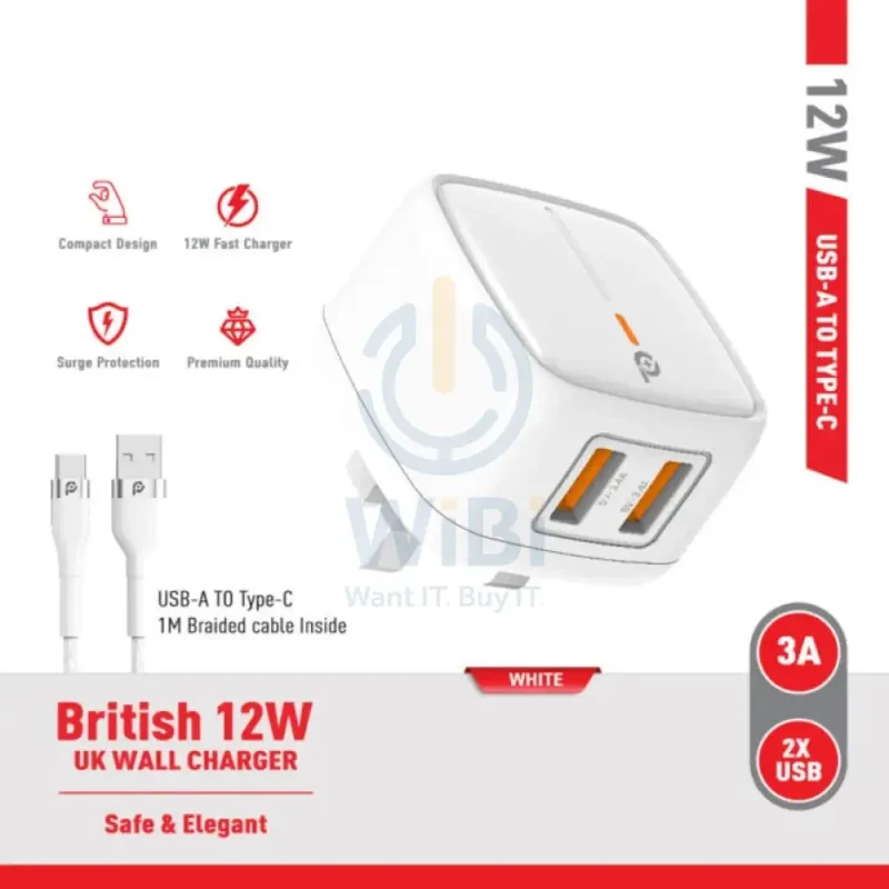PowerO+ British UK Wall Charger with Cable - 12W / USB-A / White