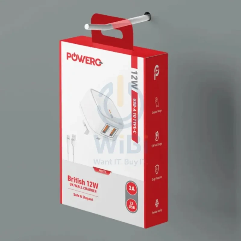 PowerO+ British UK Wall Charger with Cable - 12W / USB-A / White