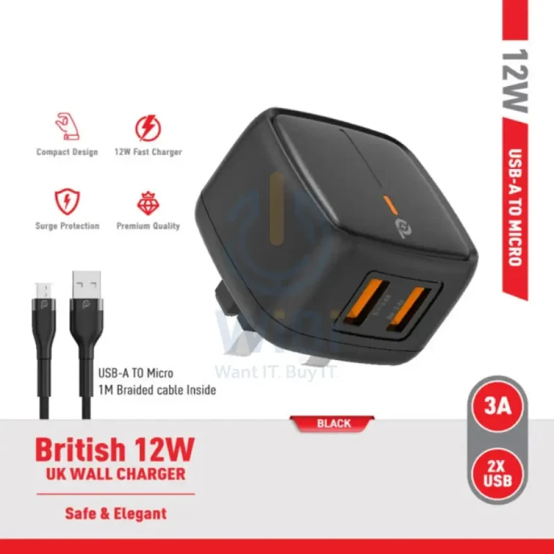 PowerO+ British UK Wall Charger with Cable - 12W / USB-A / Black