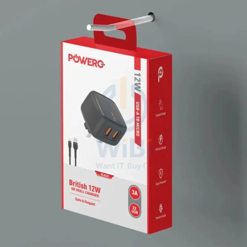 PowerO+ British UK Wall Charger with Cable - 12W / USB-A / Black