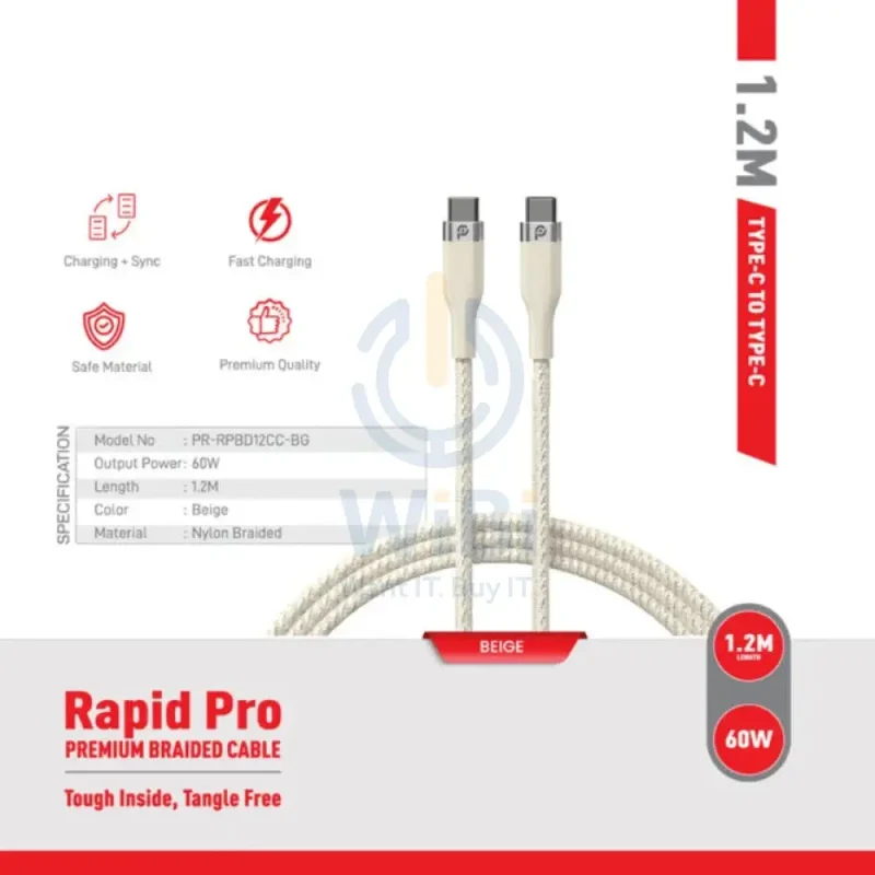 PowerO+ Rapid Pro Premium Braided Cable - 60W / 1.2 Meter / Type-C / Beige