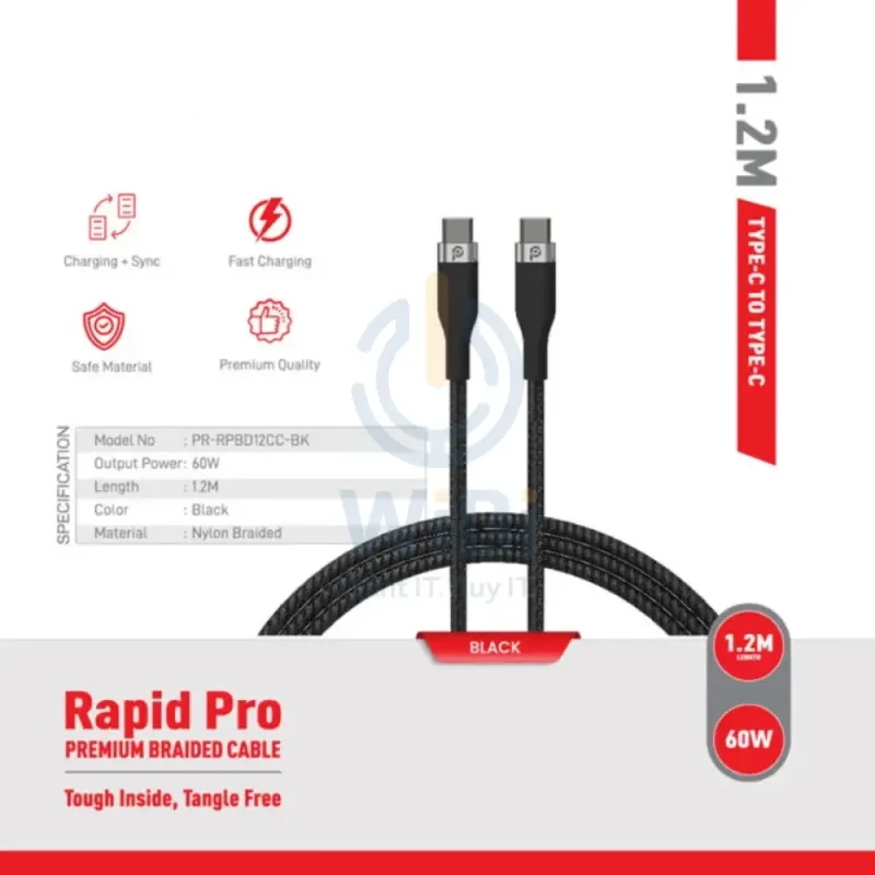 PowerO+ Rapid Pro Premium Braided Cable - 60W / 1.2 Meter / Type-C / Black