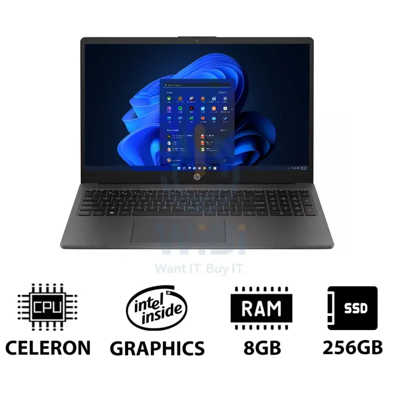 HP 250 G10 - 15.6" HD / Celeron / 8GB / 256GB (NVMe M.2 SSD) / Win 11 Pro / 1YW / Dark Ash Silver - Laptop