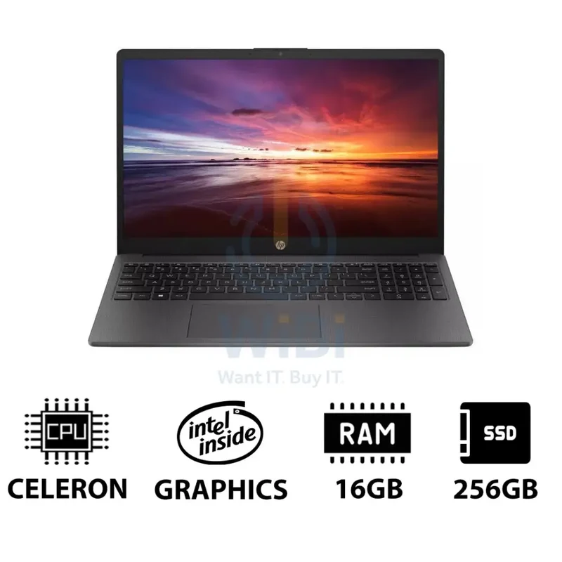 HP 250 G10 - 15.6" HD / Celeron / 16GB / 256GB (NVMe M.2 SSD) / DOS (Without OS) / 1YW / Dark Ash Silver - Laptop