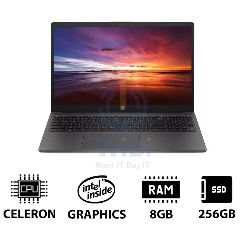 HP 250 G10 - 15.6" HD / Celeron / 8GB / 256GB (NVMe M.2 SSD) / DOS (Without OS) / 1YW / Dark Ash Silver - Laptop