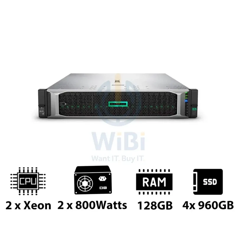 HP ProLiant DL380 G10 - 2x Xeon-2.40GHz / 2x 10-Cores / 128GB / 4x 960GB SSD / 2x 800Watts / Rack(2U)