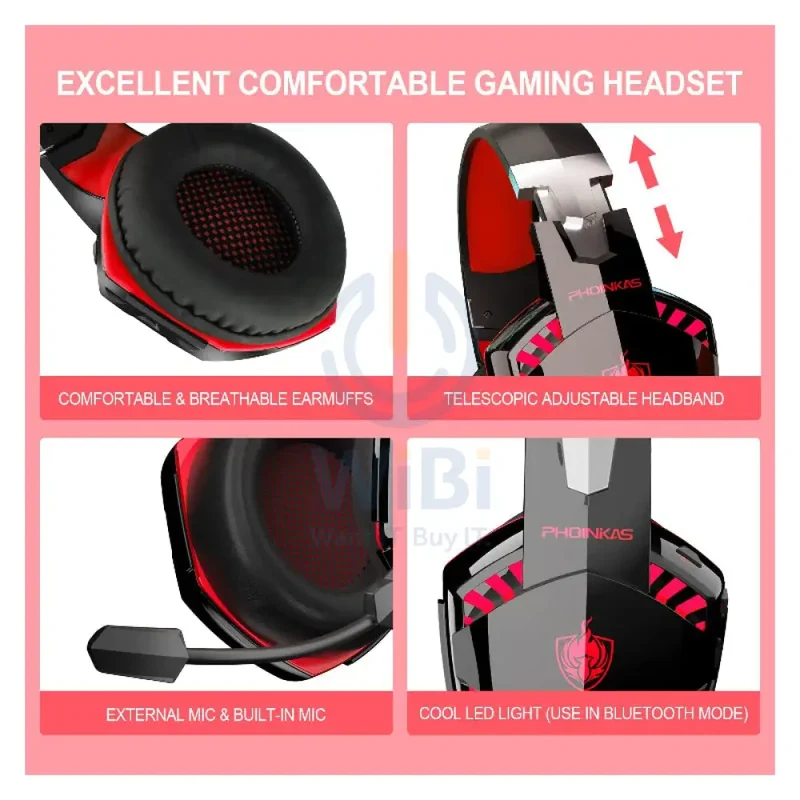 PHOINIKAS G2000BT Gaming Headphones with Adapter - Red