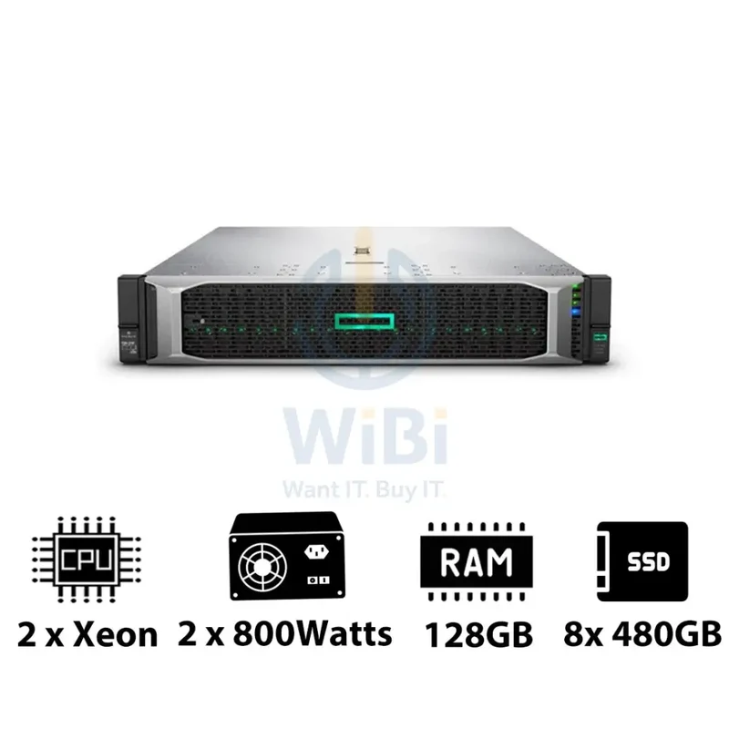 HP ProLiant DL380 G10 - 2x Xeon-2.40GHz / 2x 10-Cores / 128GB / 8x 480GB SSD / 2x 800Watts / Rack(2U)
