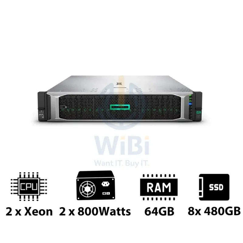 HP ProLiant DL380 G10 - 2x Xeon-2.40GHz / 2x 10-Cores / 64GB / 8x 480GB SSD / 2x 800Watts / Rack(2U)