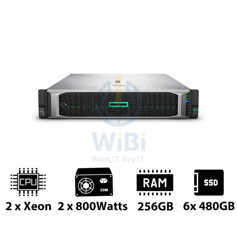 HP ProLiant DL380 G10 - 2x Xeon-2.40GHz / 2x 10-Cores / 256GB / 6x 480GB SSD / 2x 800Watts / Rack(2U)