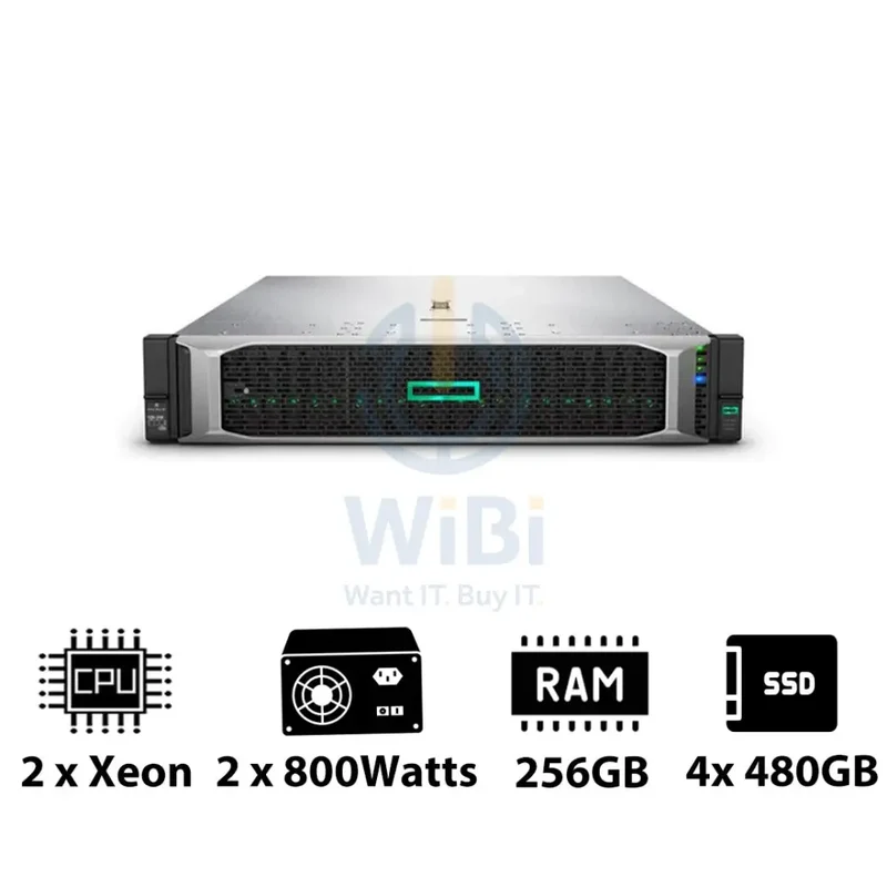 HP ProLiant DL380 G10 - 2x Xeon-2.40GHz / 2x 10-Cores / 256GB / 4x 480GB SSD / 2x 800Watts / Rack(2U)