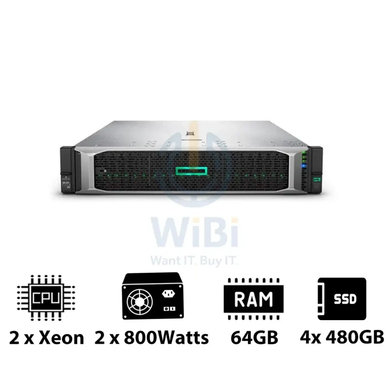 HP ProLiant DL380 G10 - 2x Xeon-2.40GHz / 2x 10-Cores / 64GB / 4x 480GB SSD / 2x 800Watts / Rack(2U)