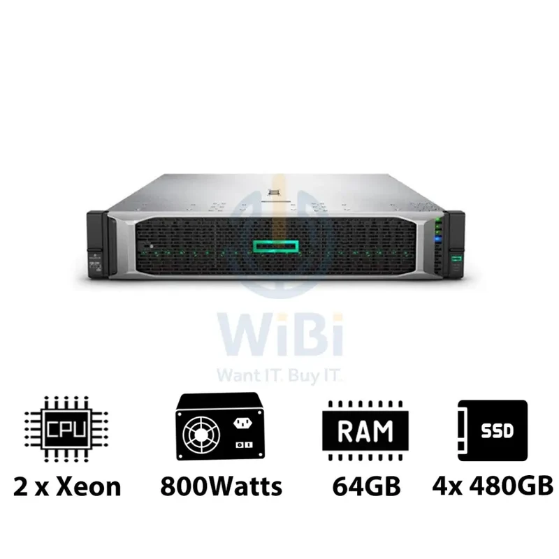 HP ProLiant DL380 G10 - Xeon-2.40GHz / 10-Cores / 64GB / 4x 480GB SSD / 800Watts / Rack(2U)