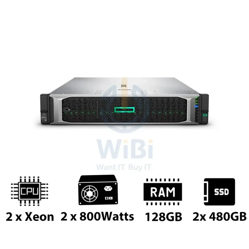 HP ProLiant DL380 G10 - 2x Xeon-2.40GHz / 2x 10-Cores / 128GB / 2x 480GB SSD / 2x 800Watts / Rack(2U)