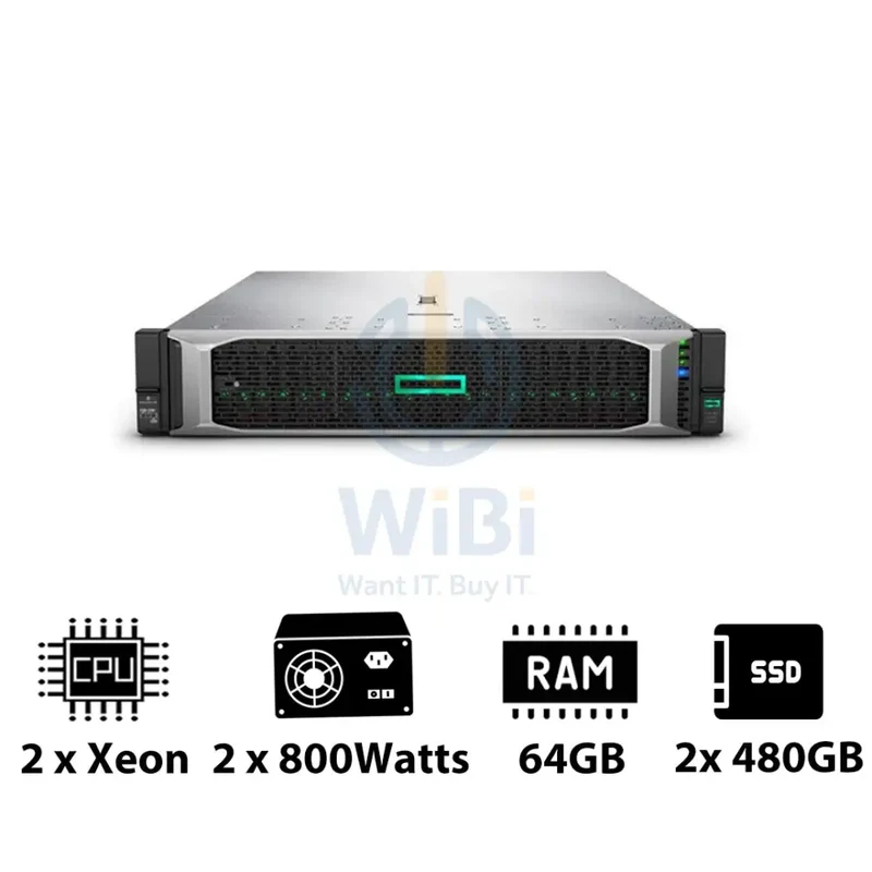 HP ProLiant DL380 G10 - 2x Xeon-2.40GHz / 2x 10-Cores / 64GB / 2x 480GB SSD / 2x 800Watts / Rack(2U)