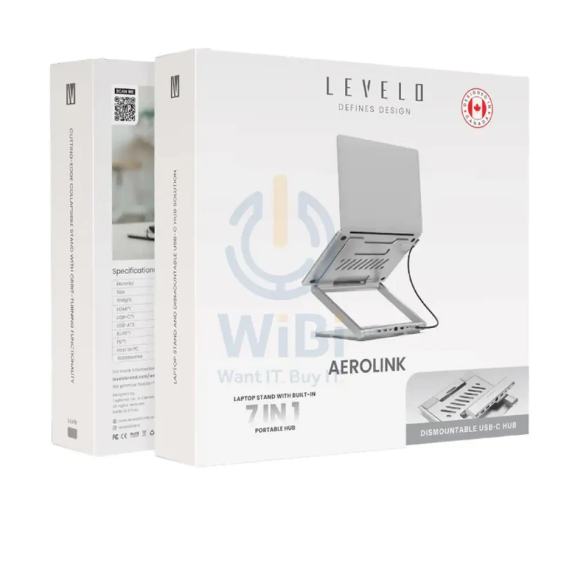 Levelo AeroLink Laptop Stand With Built-In Portable 7 In 1 Hub - Silver