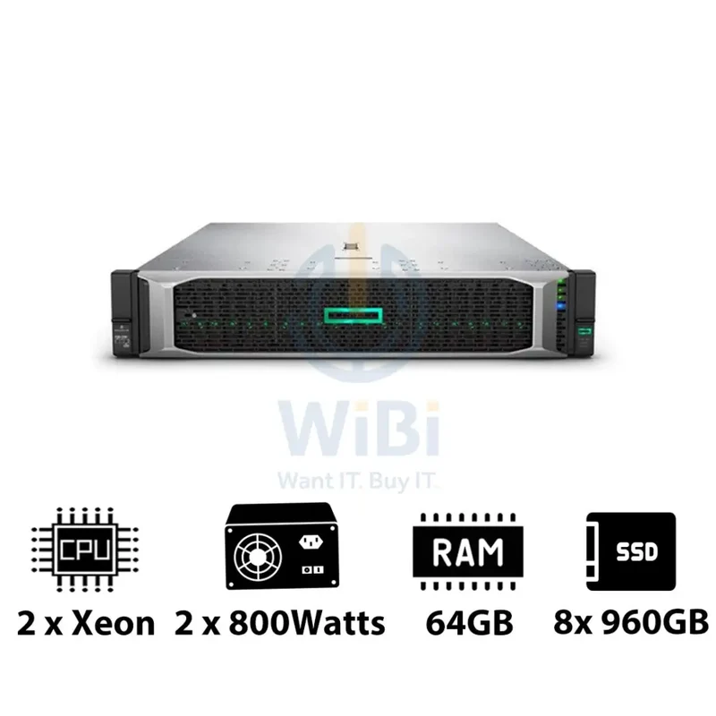 HP ProLiant DL380 G10 - 2x Xeon-2.40GHz / 2x 10-Cores / 64GB / 8x 960GB SSD / 2x 800Watts / Rack(2U)