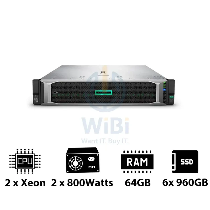 HP ProLiant DL380 G10 - 2x Xeon-2.40GHz / 2x 10-Cores / 64GB / 6x 960GB SSD / 2x 800Watts / Rack(2U)