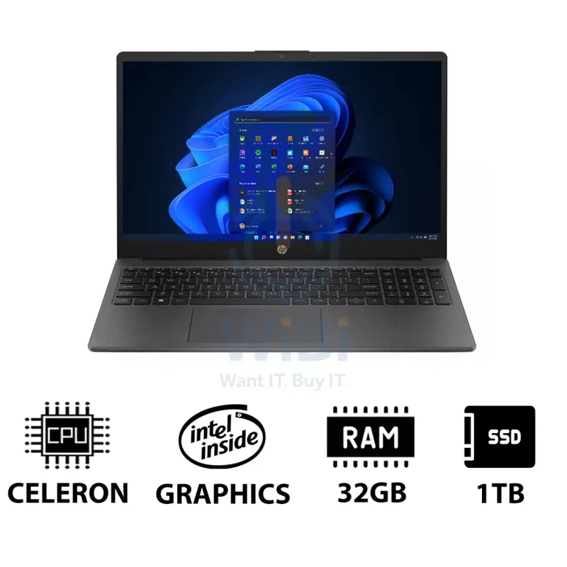 HP 250 G10 - 15.6" HD / Celeron / 32GB / 1TB (NVMe M.2 SSD) / Win 11 Pro / 1YW / Dark Ash Silver - Laptop