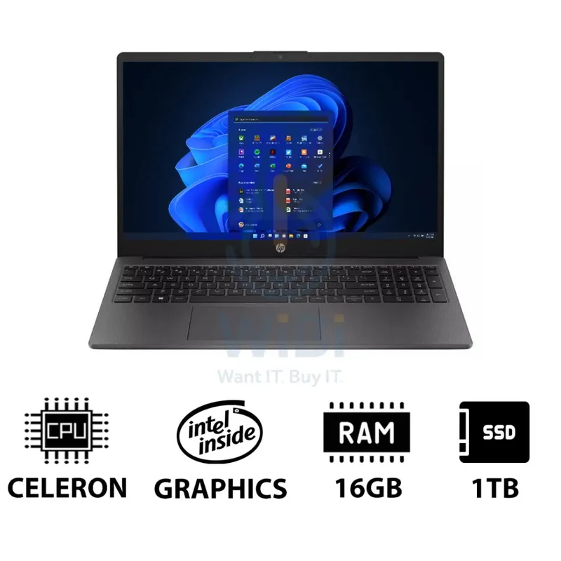 HP 250 G10 - 15.6" HD / Celeron / 16GB / 1TB (NVMe M.2 SSD) / Win 11 Pro / 1YW / Dark Ash Silver - Laptop