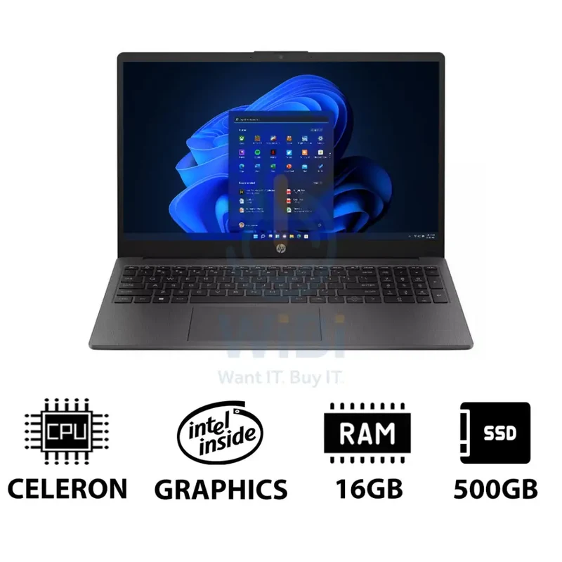 HP 250 G10 - 15.6" HD / Celeron / 16GB / 500GB (NVMe M.2 SSD) / Win 11 Pro / 1YW / Dark Ash Silver - Laptop
