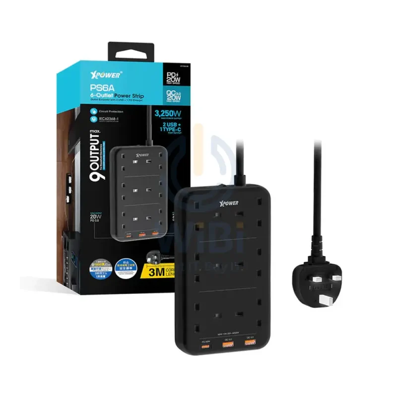 XPower PS6A 9 Output Sockets Power Strip - 3250W / Type-C / USB 3.0 / Black
