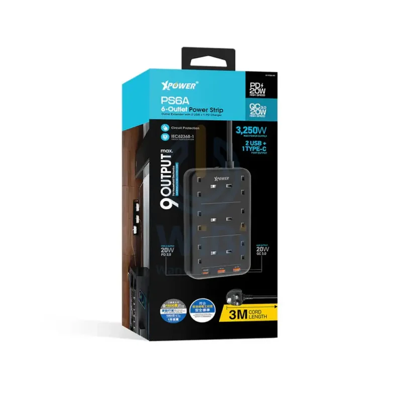 XPower PS6A 9 Output Sockets Power Strip - 3250W / Type-C / USB 3.0 / Black
