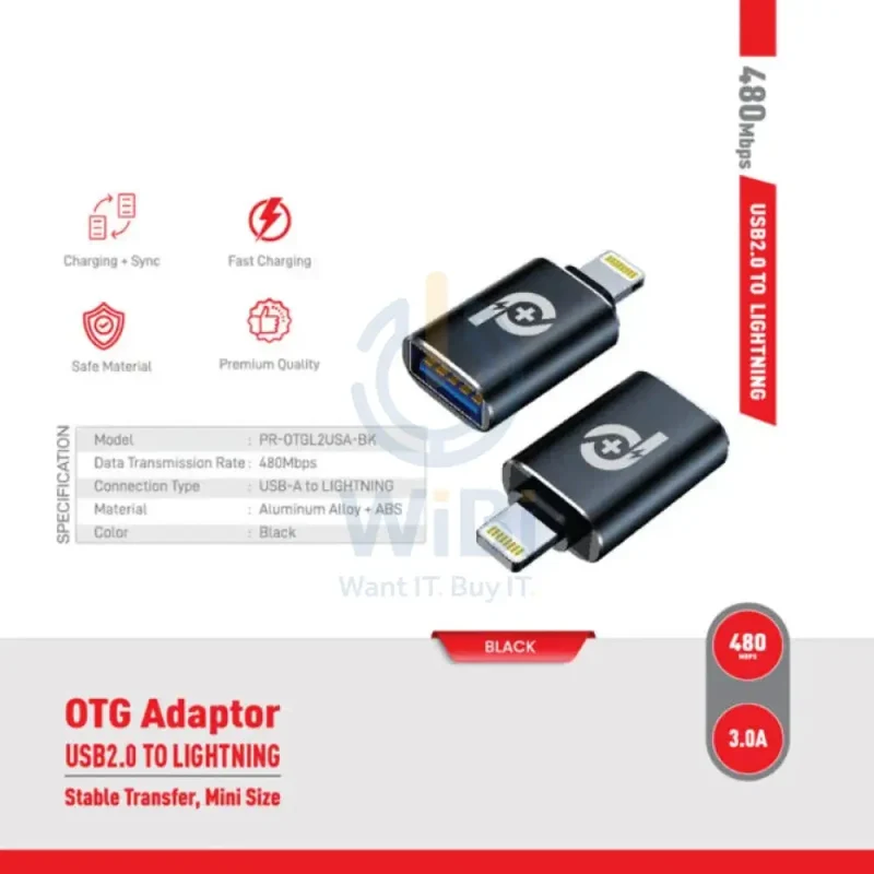 محول باور أو+ OTG من USB-A إلى لايتنينج - 480 ميجابت/ثانية / أسود