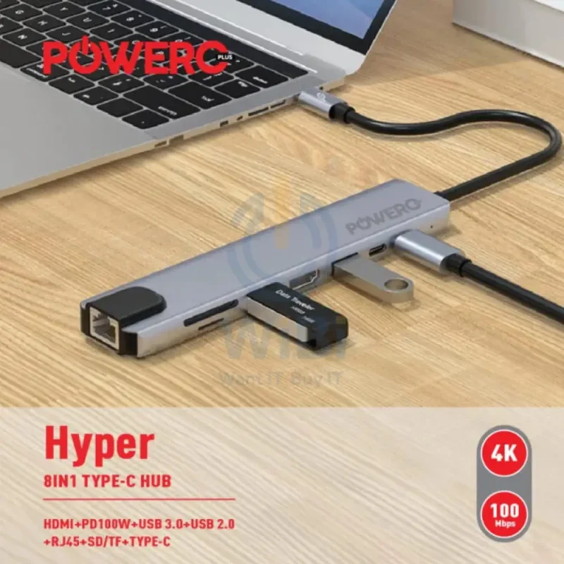 PowerO+ Hyper 8-in-1 USB-C HUB - HDMI / USB-C / USB / RJ45 / Grey
