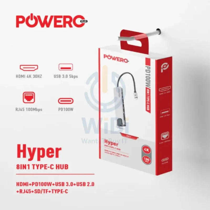 PowerO+ Hyper 8-in-1 USB-C HUB - HDMI / USB-C / USB / RJ45 / Grey